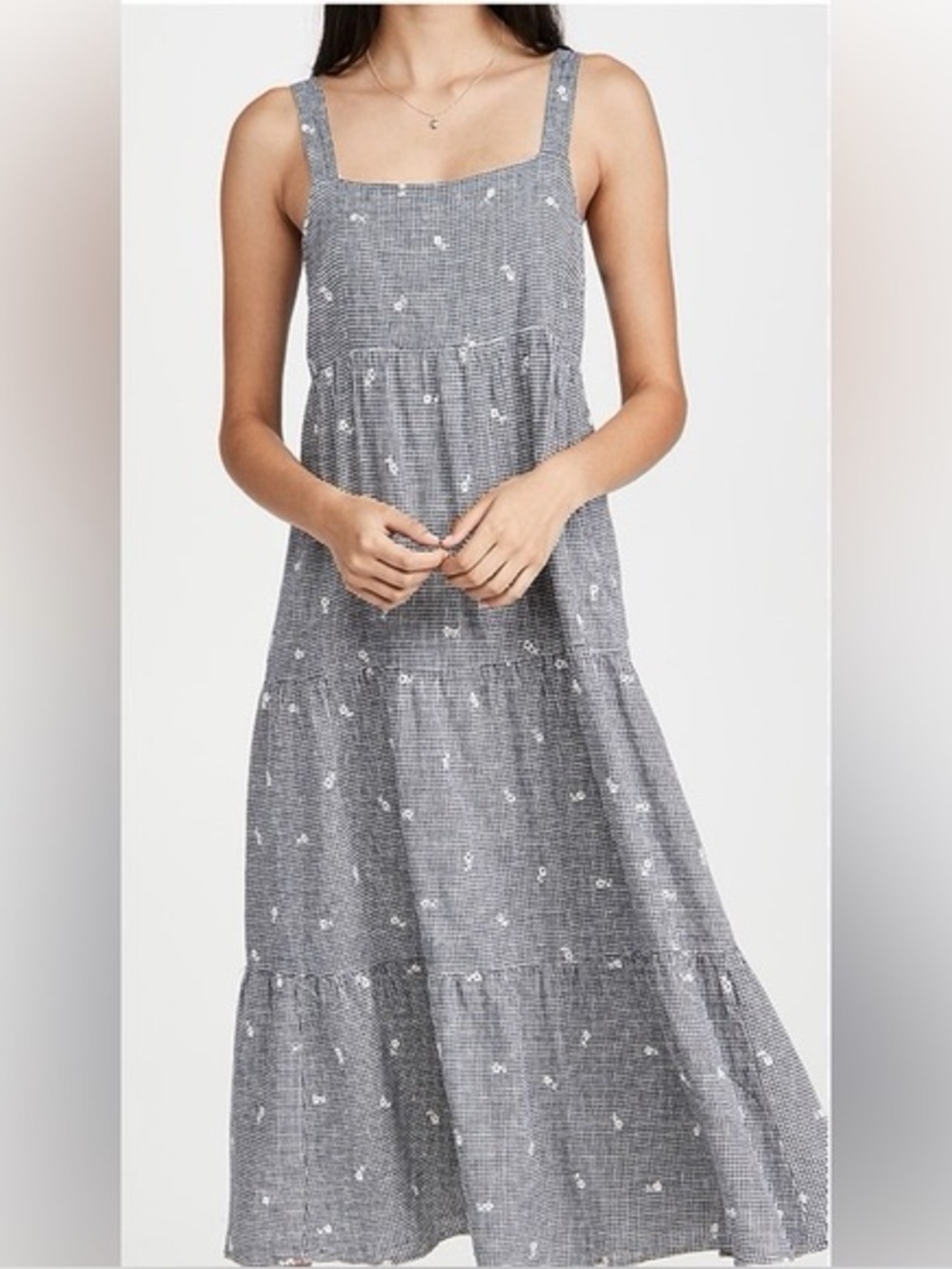 Sleeveless Square-Neck Tiered Midi Dress in Navy Floral
